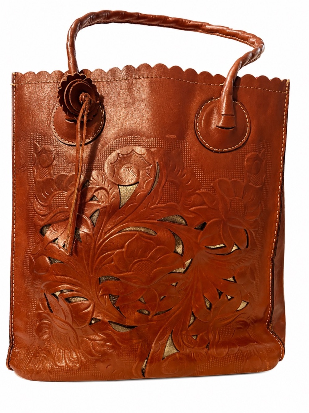 Patricia Nash Tooled Leather Tote Brown Floral Cutout Structured Top Handle Boho